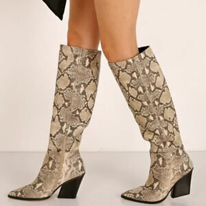 Dolce Vita Isobel Snake Print Leather Heeled Knee High Boots Beige Womens US 8.5
